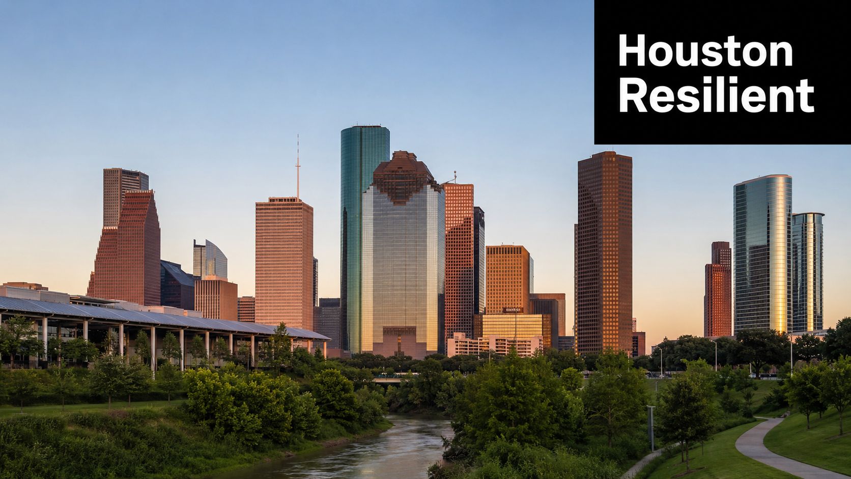 A wide angle view of the Houston downtown skyline featuring skyscrapers, a river, and lush green parkland.