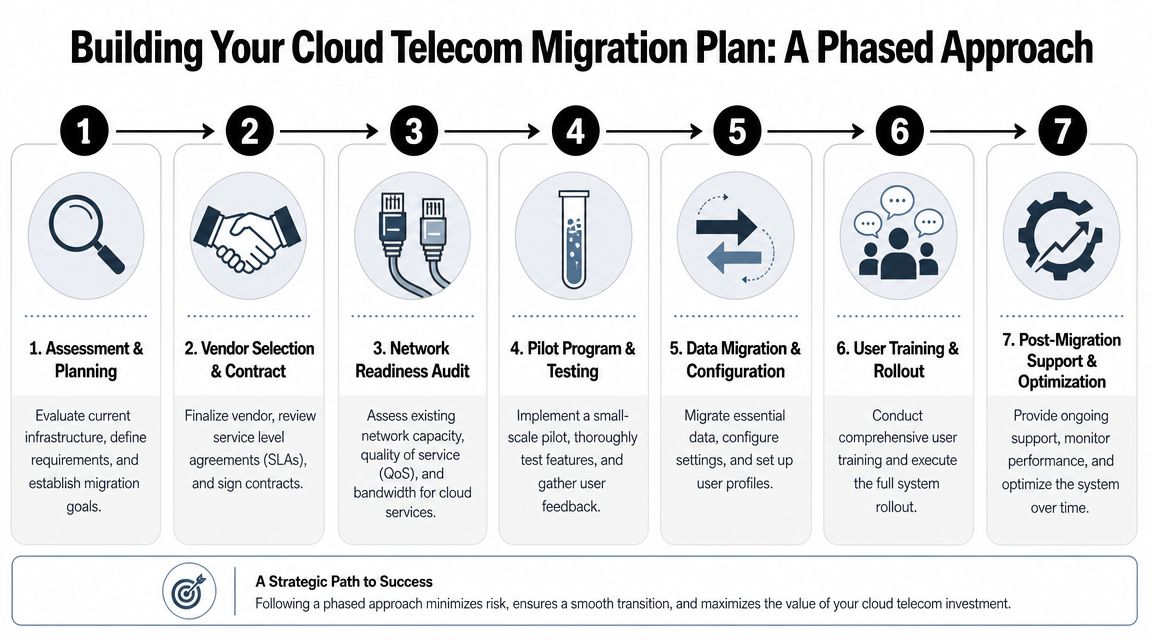 A seven-step flowchart illustrating a phased approach for building a cloud telecom migration plan.
