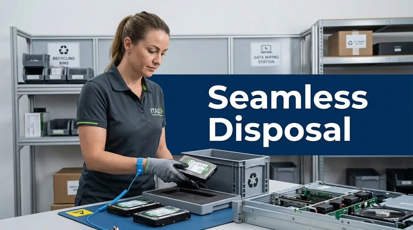 A professional technician carefully handling and disposing of hard drives at a secure data destruction facility.