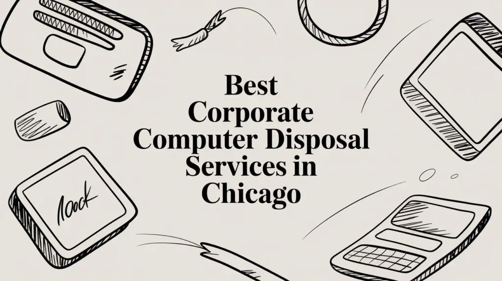 Black line drawings of various electronic devices surround the text "Best Corporate Computer Disposal Services in Chicago" on a light background.