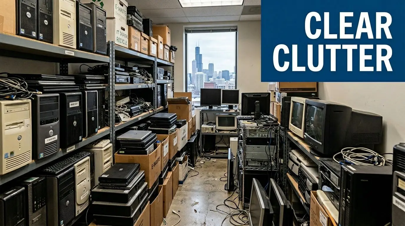 A cluttered IT storage room filled with old computer towers, monitors, and laptops awaiting recycling and disposal.