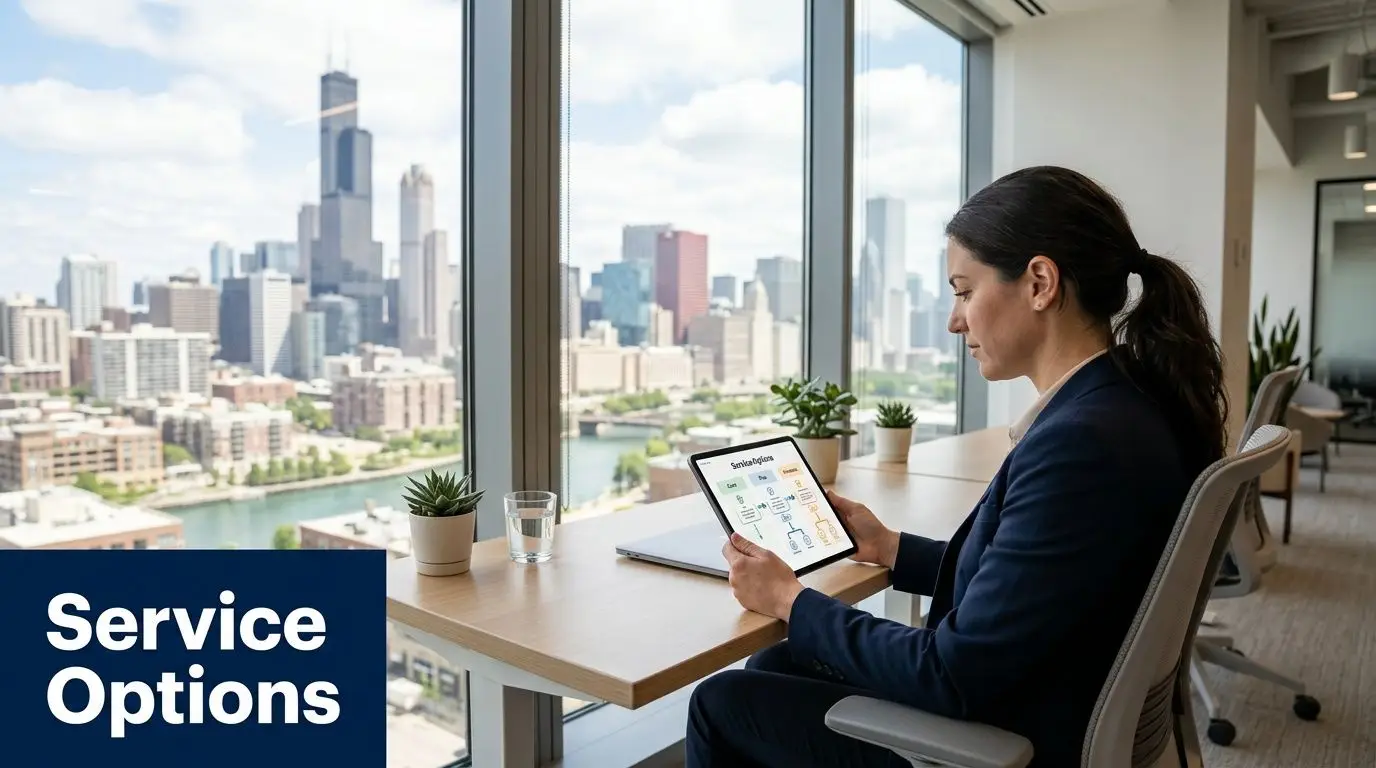 A professional woman reviews digital corporate computer disposal service plans on a tablet overlooking the Chicago skyline.