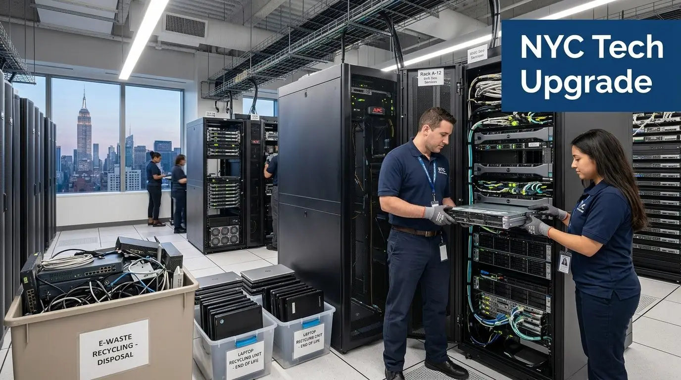 IT technicians working on server rack upgrades in a New York office with a city view.