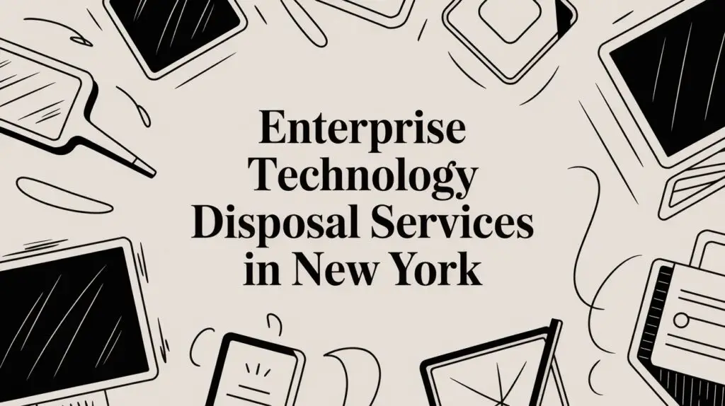 Text "Enterprise Technology Disposal Services in New York" is centered on a beige background with black line drawings of various electronic devices, such as tablets and laptops, surrounding the text.