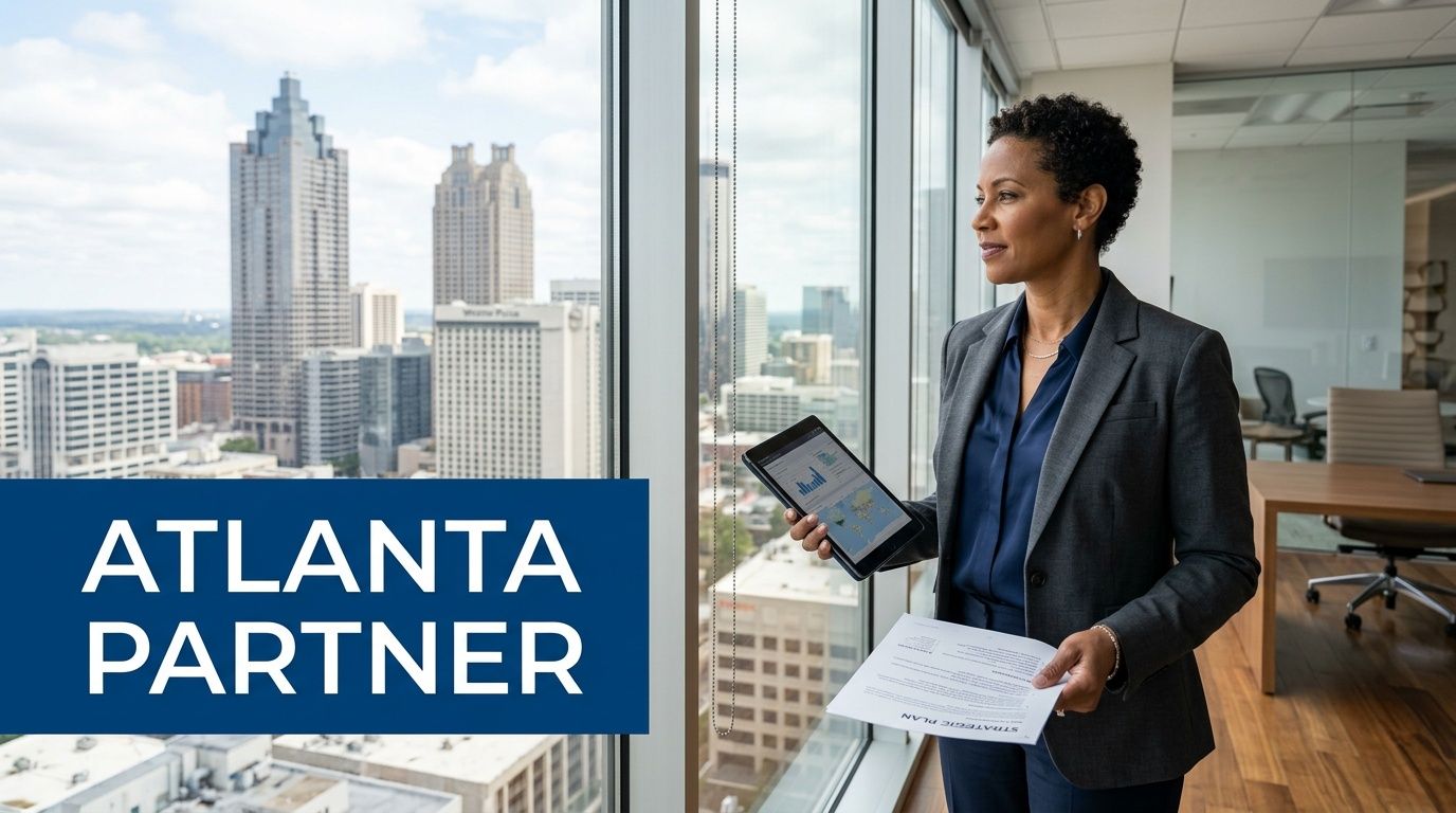 A professional woman in a suit holding a tablet and documents overlooking the Atlanta skyline.
