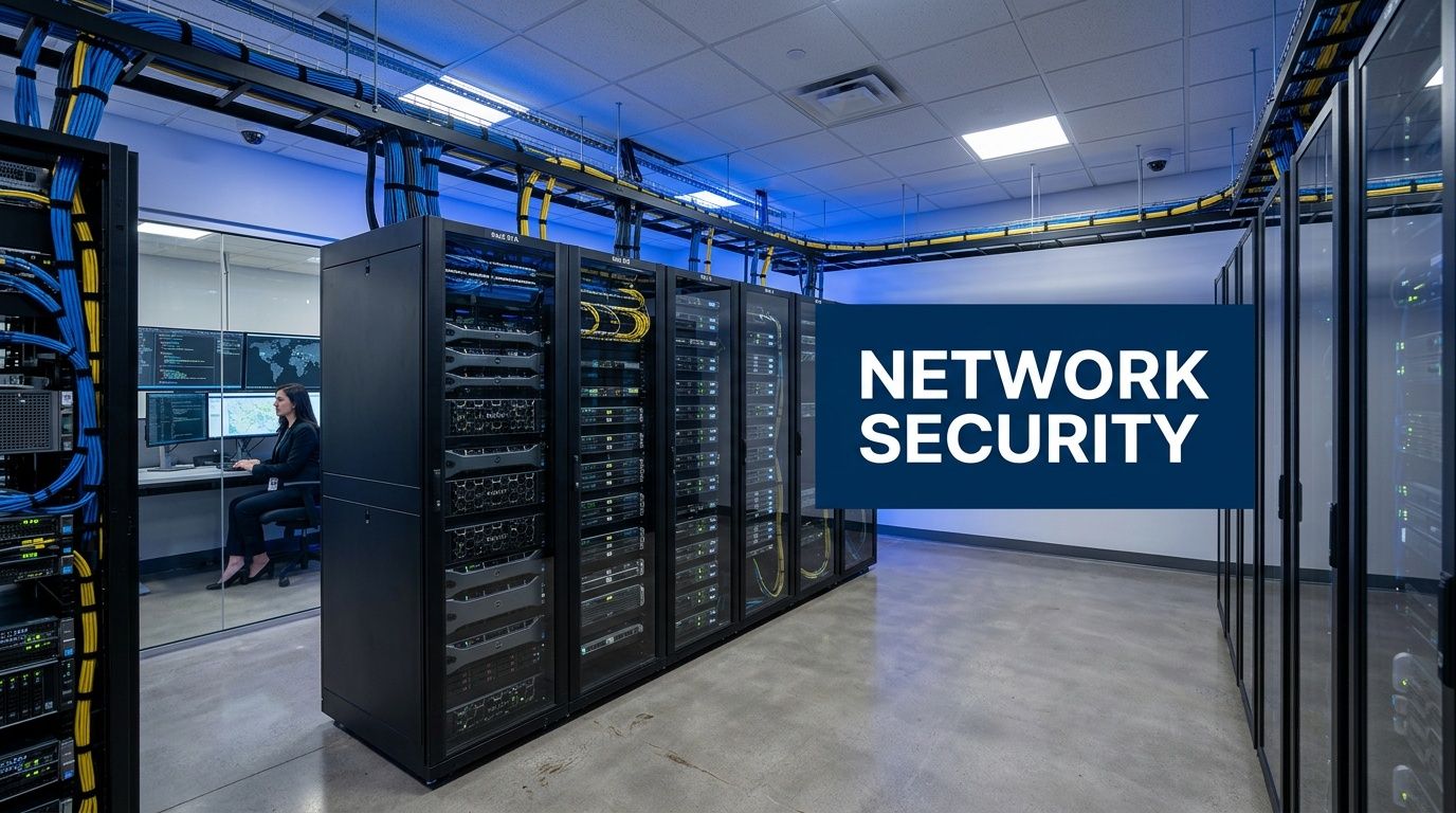 A professional IT technician monitoring secure data servers in a modern, organized enterprise telecommunications server room facility.