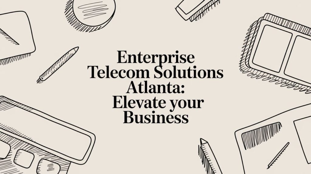 Text "Enterprise Telecom Solutions Atlanta: Elevate your Business" is centered on a beige background with black outlined drawings of office supplies like a pen, pencil, and notepad in the corners.