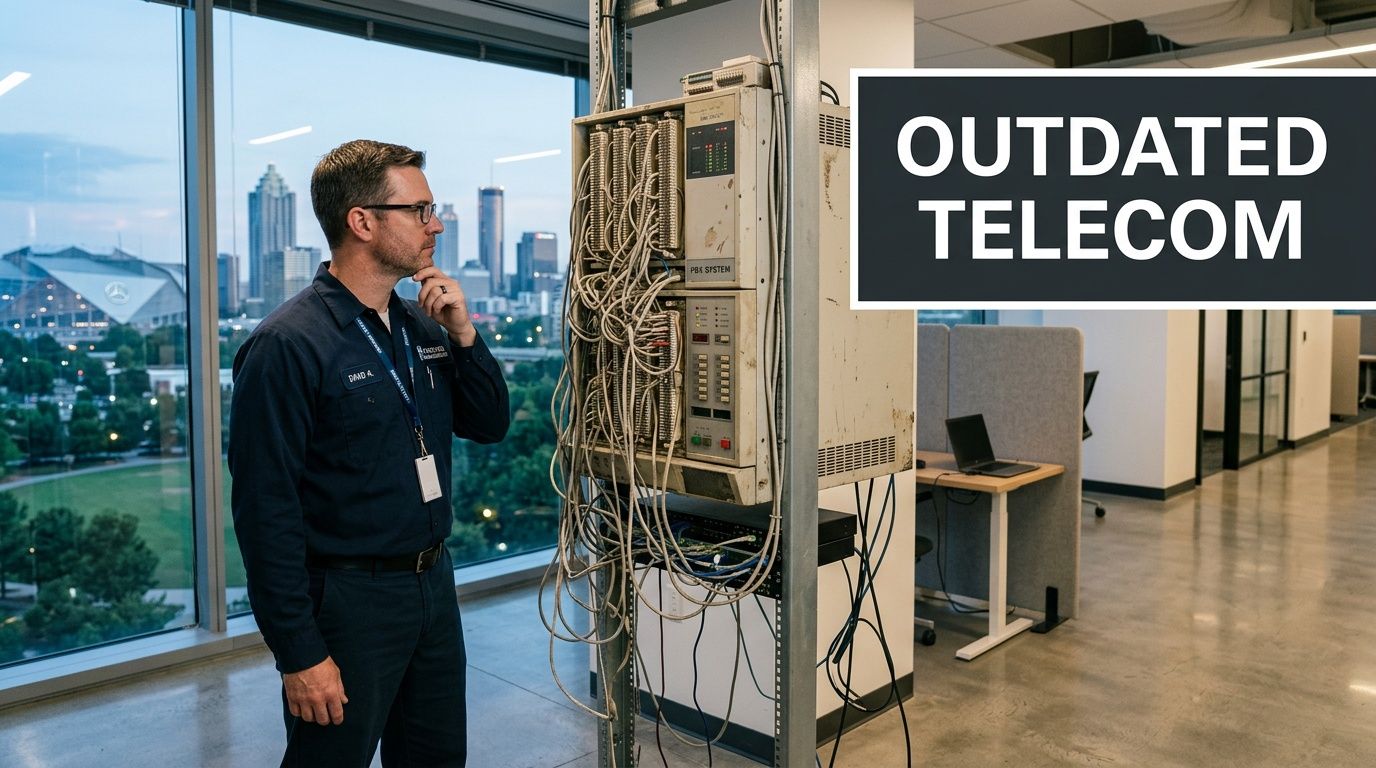 A technician inspecting an old PBX telephone system in an office building with the Atlanta skyline visible.
