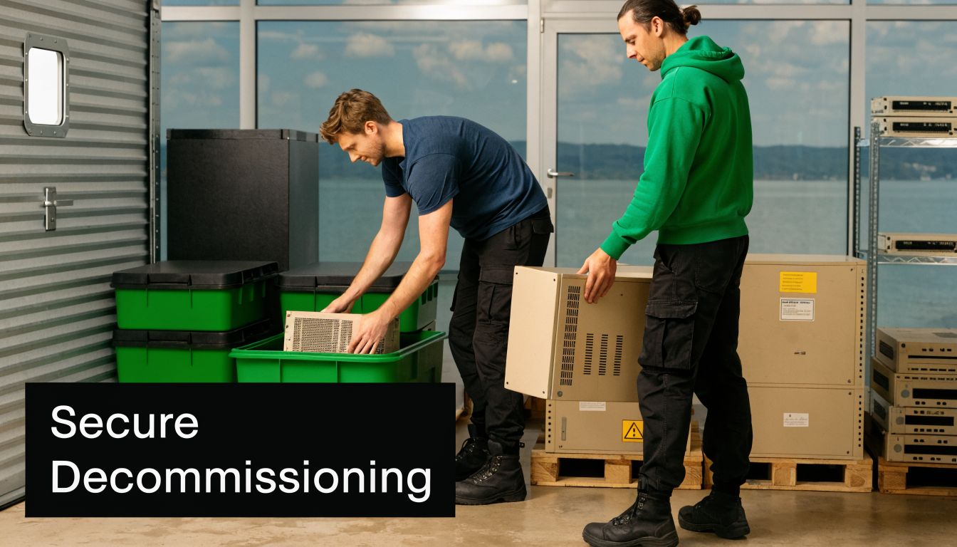 Two technicians in work uniforms securely decommissioning old enterprise telecom equipment in a warehouse setting.