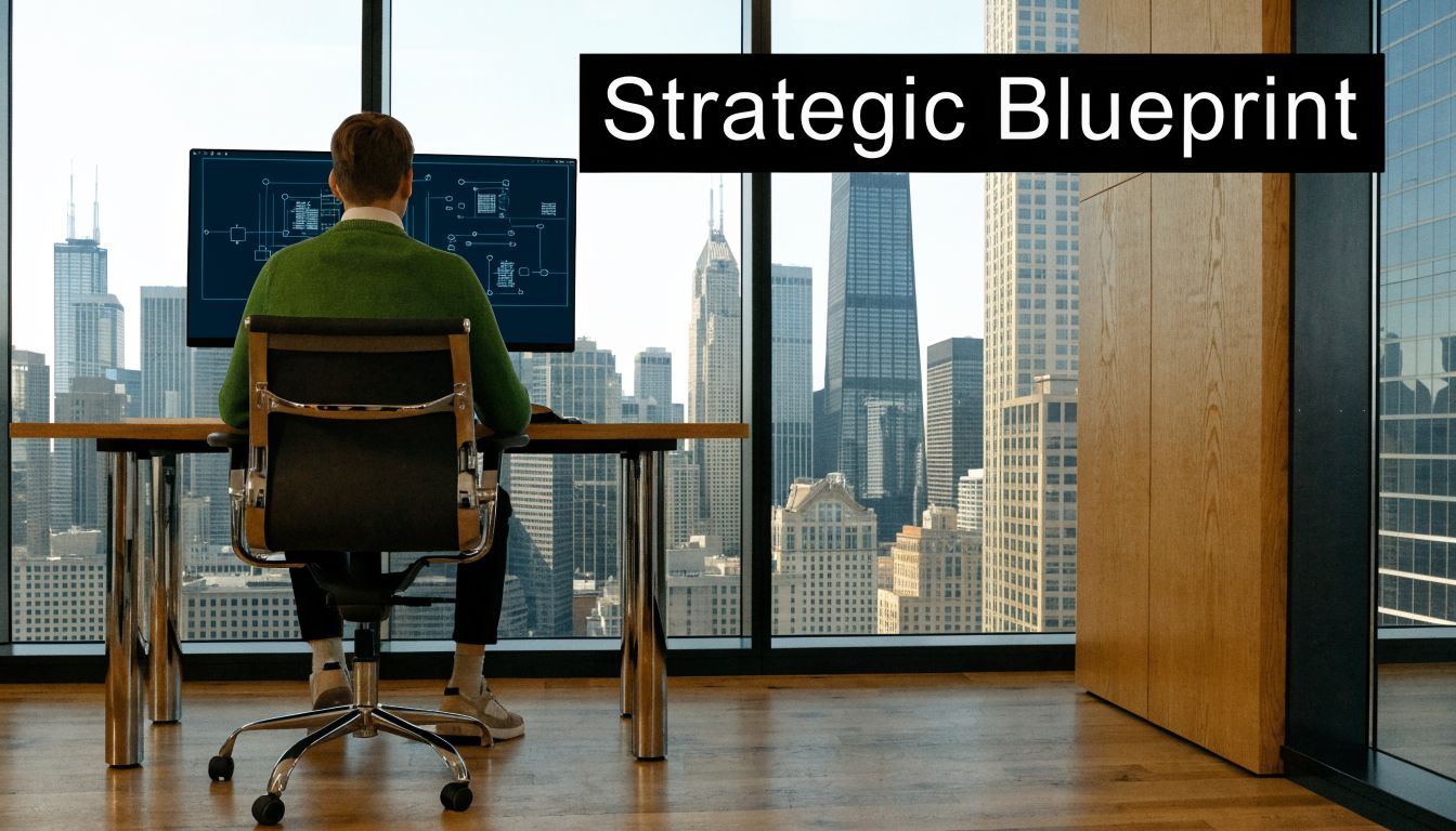 A professional sitting at a desk with a city view working on enterprise telecom solutions in Chicago.