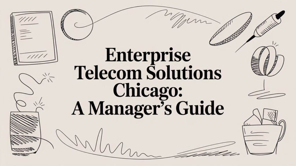 Text reading "Enterprise Telecom Solutions Chicago: A Manager's Guide" is centered on a beige background, surrounded by abstract black line drawings of objects like a notepad, coffee cup, pen, and shapes.