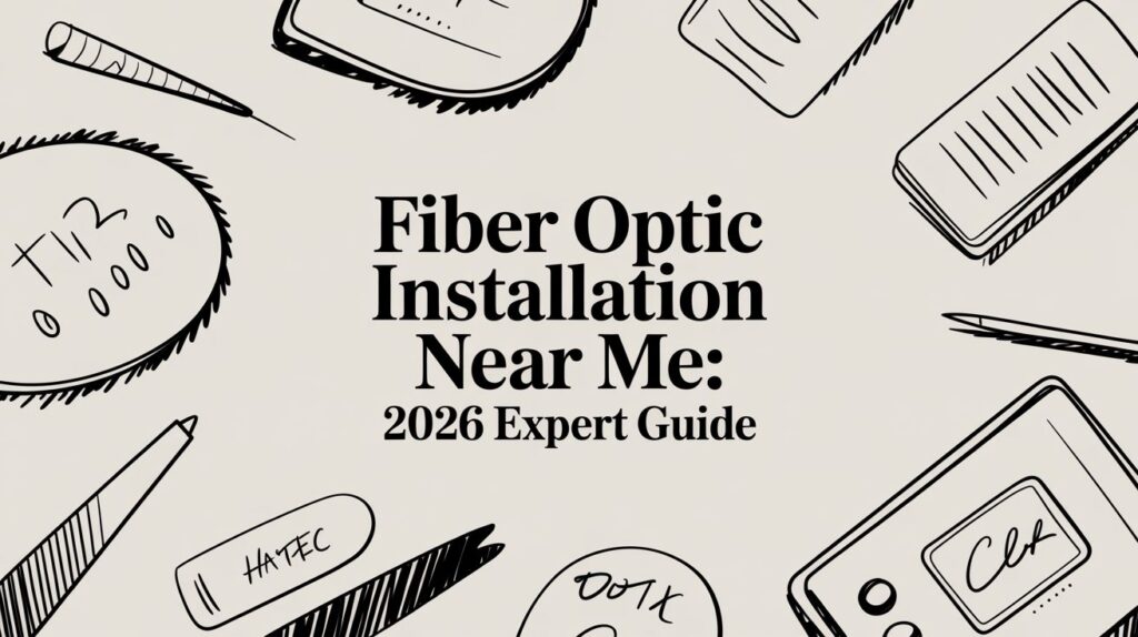 Text in the center reads "Fiber Optic Installation Near Me: 2026 Expert Guide" surrounded by hand-drawn sketches of tools, calculators, notes, and a feather on a light background.