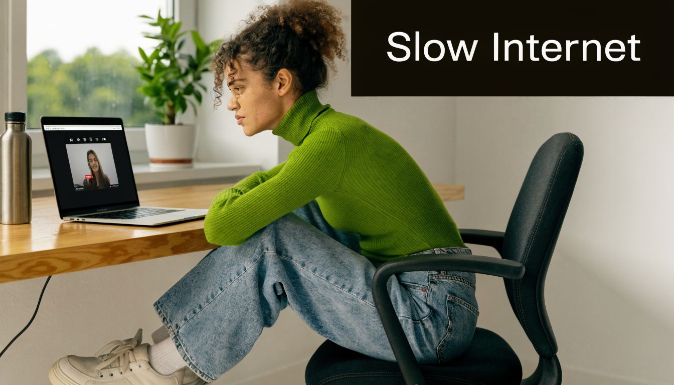 A young woman feeling frustrated while experiencing slow internet during a video call on her laptop.