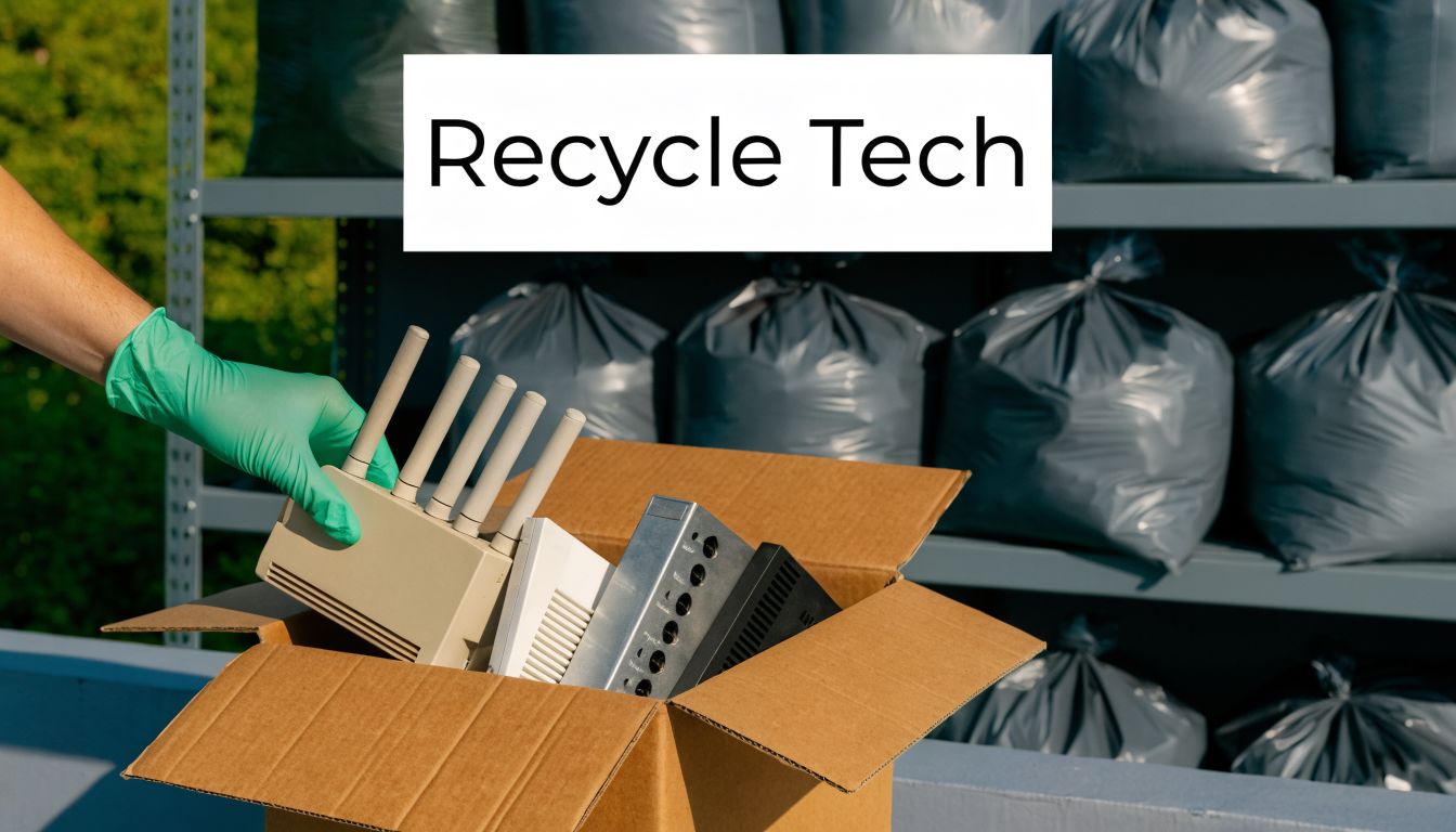 A gloved hand placing old electronic routers into a cardboard box for professional recycling and disposal.