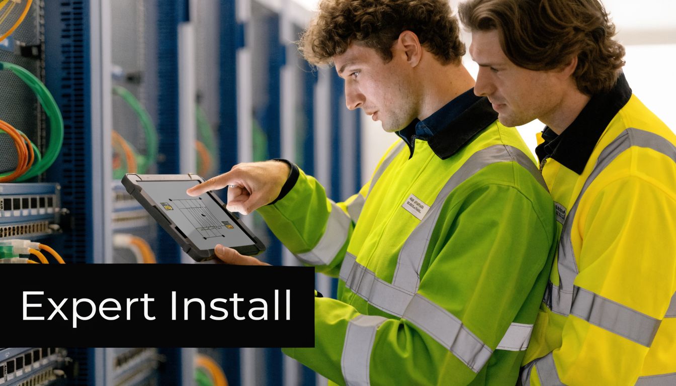 Two technicians in high-visibility safety gear inspecting a fiber optic network installation plan on a tablet.