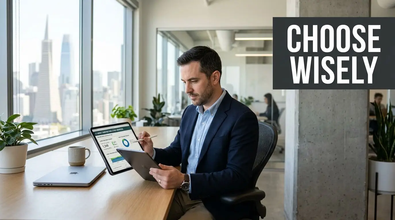A professional man reviewing business data on a tablet in a modern San Francisco office setting.