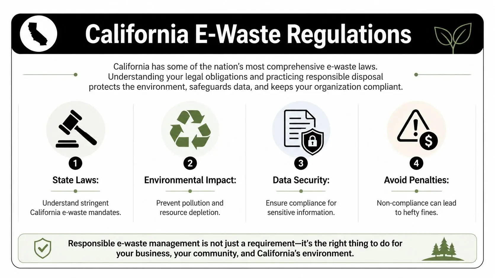 An infographic summarizing California e-waste regulations, environmental impact, data security requirements, and avoiding potential legal penalties.