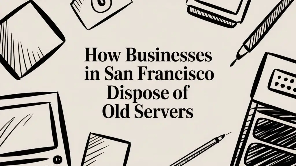 Hand-drawn illustrations of a computer, calculator, pen, and paper surround the text "How Businesses in San Francisco Dispose of Old Servers" on a light background.