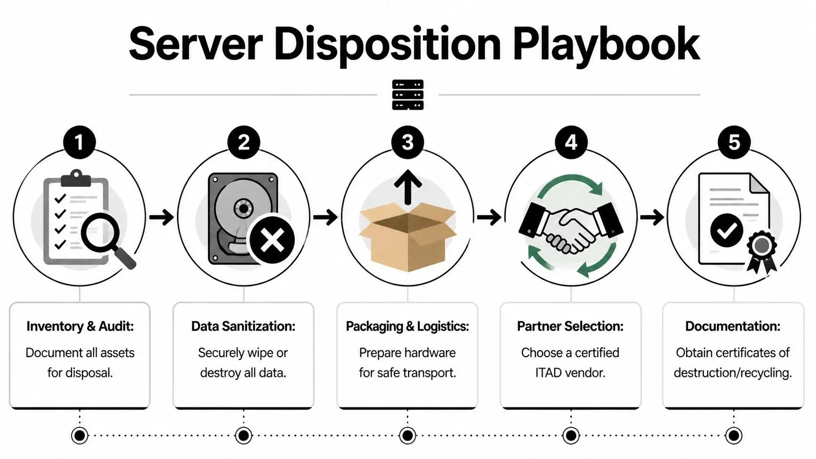 A five-step flowchart illustrating the server disposition process including auditing, data sanitization, packaging, partner selection, and documentation.
