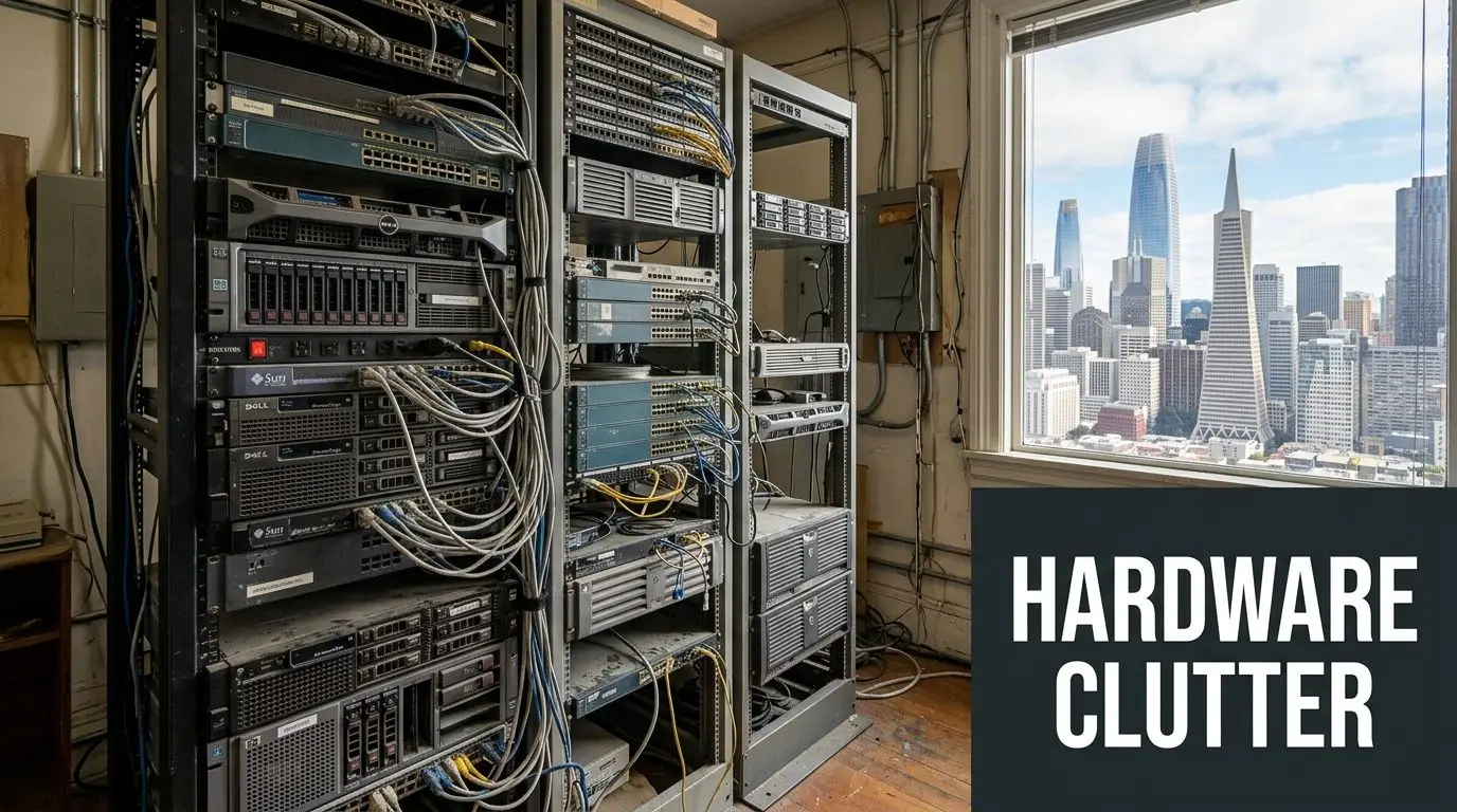 Several server racks filled with outdated network equipment situated in an office overlooking the San Francisco skyline.
