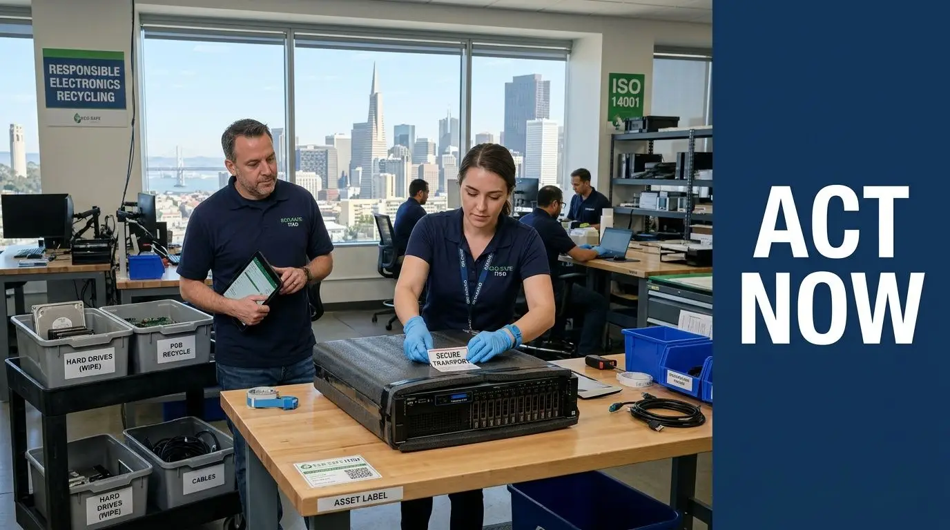 Two employees in an IT recycling facility labeling a server for secure transport in San Francisco.