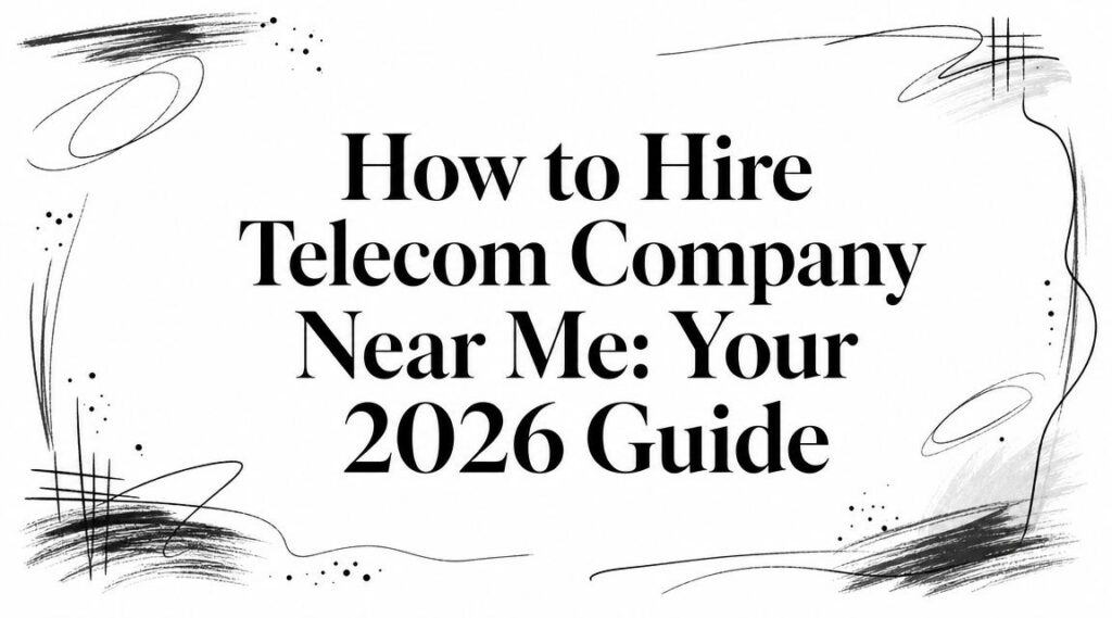 Image with decorative black lines displays the text: "How to Hire Telecom Company Near Me: Your 2026 Guide.