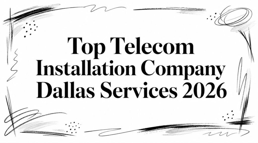 The image displays the text "Top Telecom Installation Company Dallas Services 2026" with abstract black and gray designs.