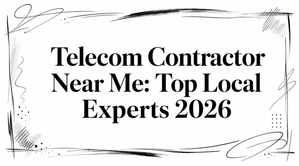 A sketched border surrounds the text: "Telecom Contractor Near Me: Top Local Experts 2026" in bold lettering.