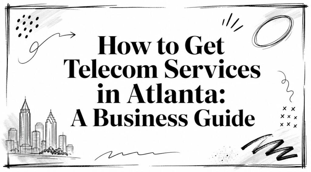 The image shows "How to Get Telecom Services in Atlanta: A Business Guide" with city and abstract art.