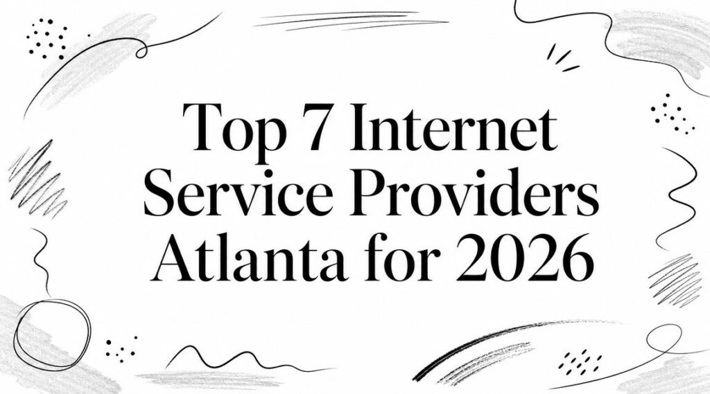 Text graphic saying "Top 7 Internet Service Providers Atlanta for 2026" surrounded by hand-drawn abstract black lines and shapes on a white background.