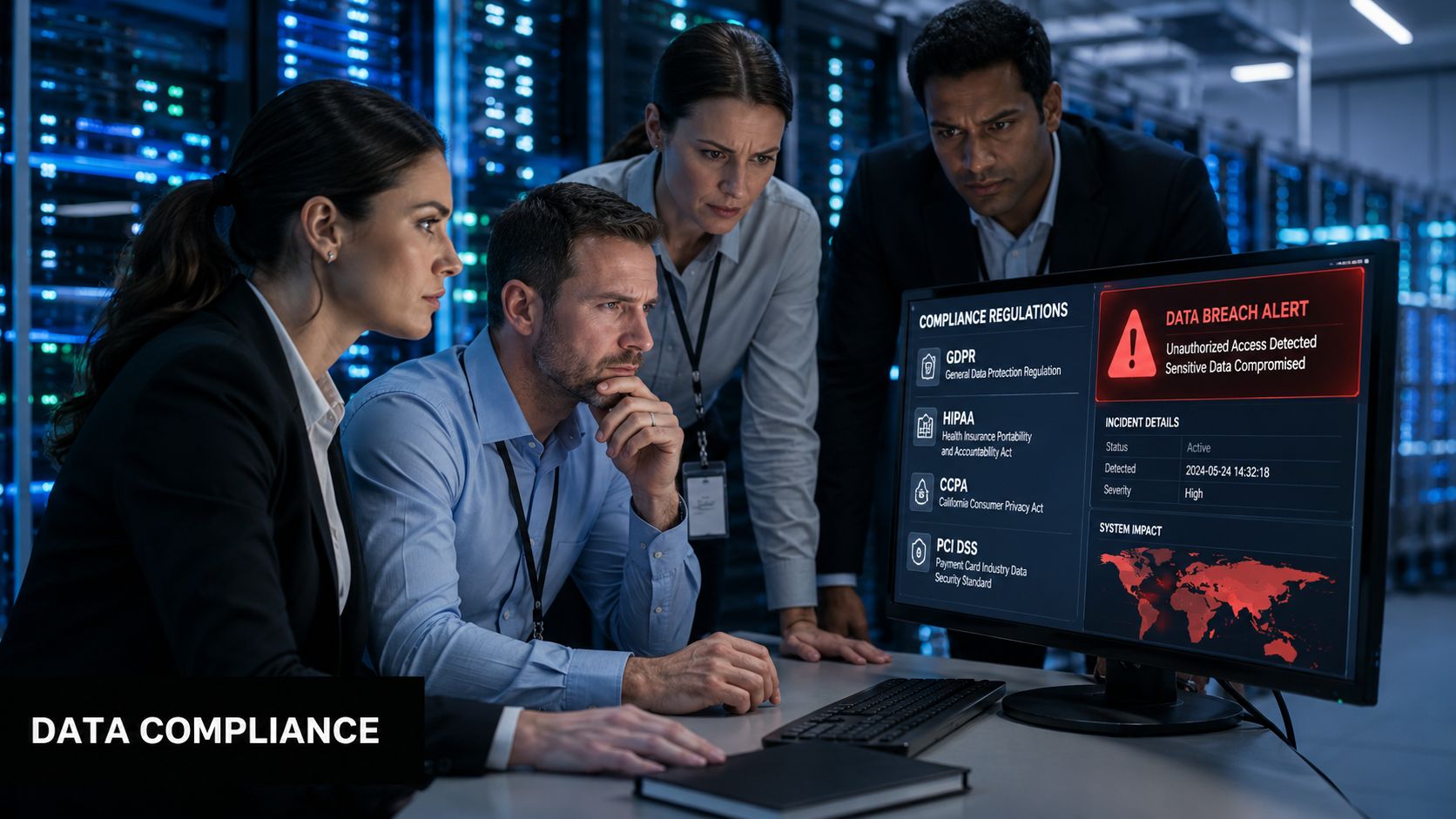 A professional IT team analyzing a critical data breach alert on a computer screen in a server room.