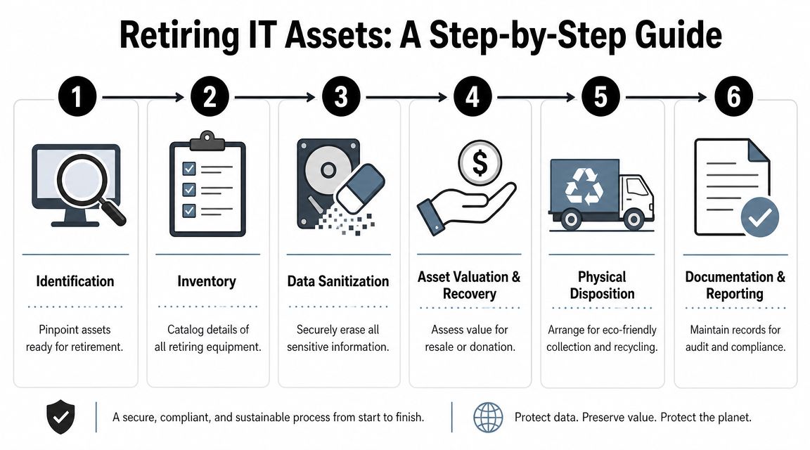 A six-step infographic illustrating a secure and sustainable IT asset retirement process for businesses.