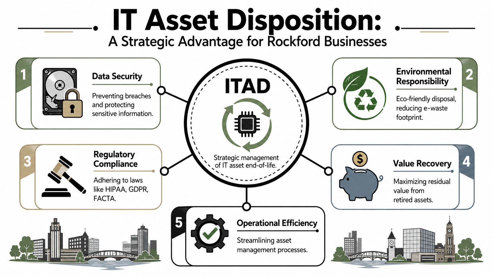 An infographic showing five key benefits of IT asset disposition for businesses in Rockford, Illinois.