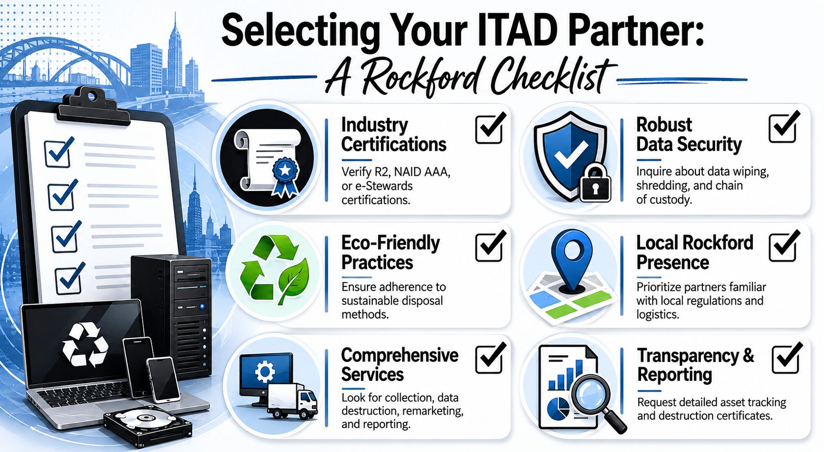 A checklist for selecting an IT asset disposition partner in Rockford, Illinois featuring key business criteria.