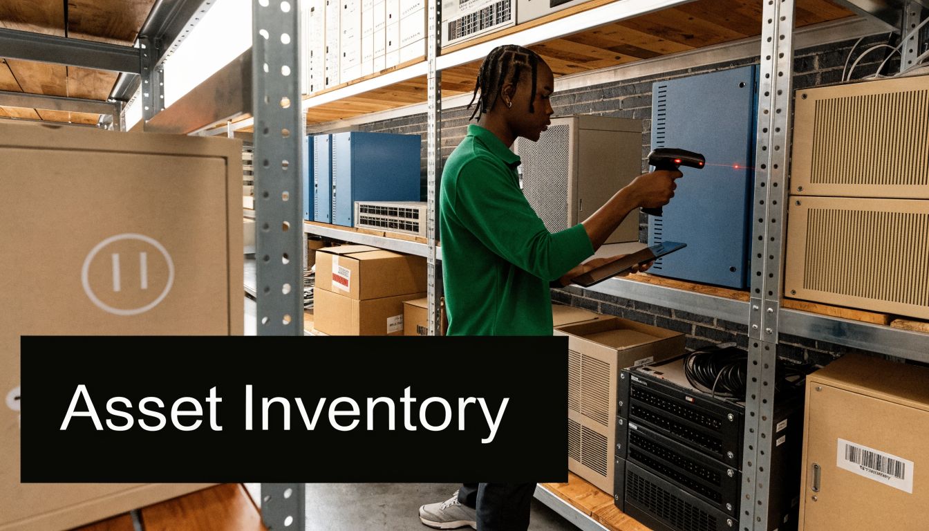 A technician wearing a green polo shirt scans a blue server rack for an IT inventory audit.