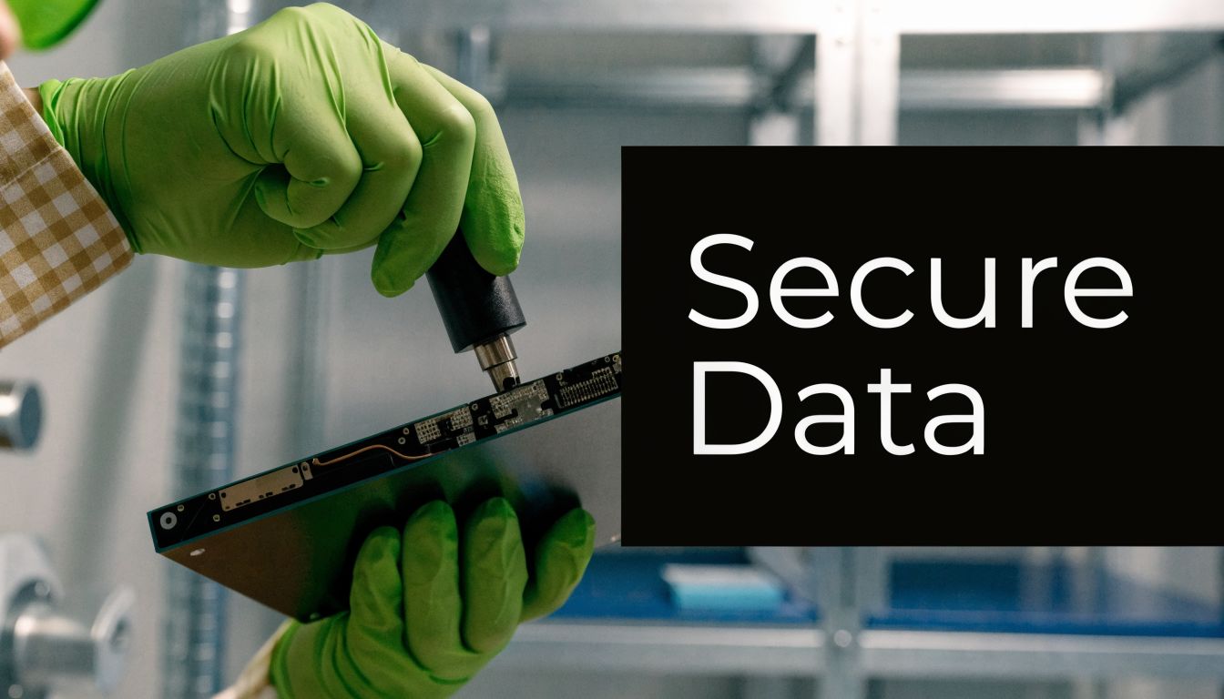A technician wearing green gloves carefully inspects and services electronic components on a data storage device.