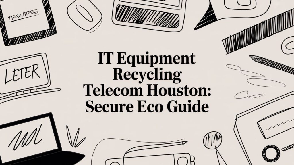 Illustrated banner with sketches of laptops, phones, and electronics, featuring the text "IT Equipment Recycling Telecom Houston: Secure Eco Guide" in bold center.