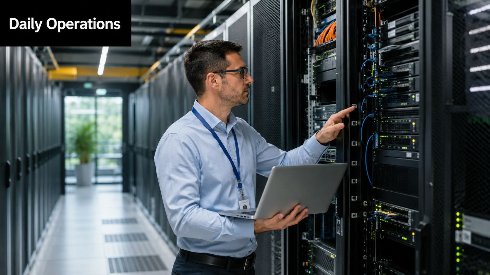 A professional IT manager inspecting and managing server hardware inside a high-tech data center environment.