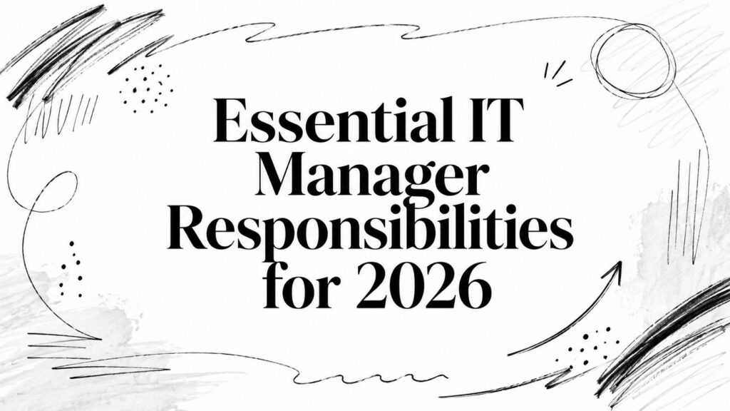 Essential IT Manager Responsibilities for 2026" text with abstract black and gray doodle designs surrounding it.