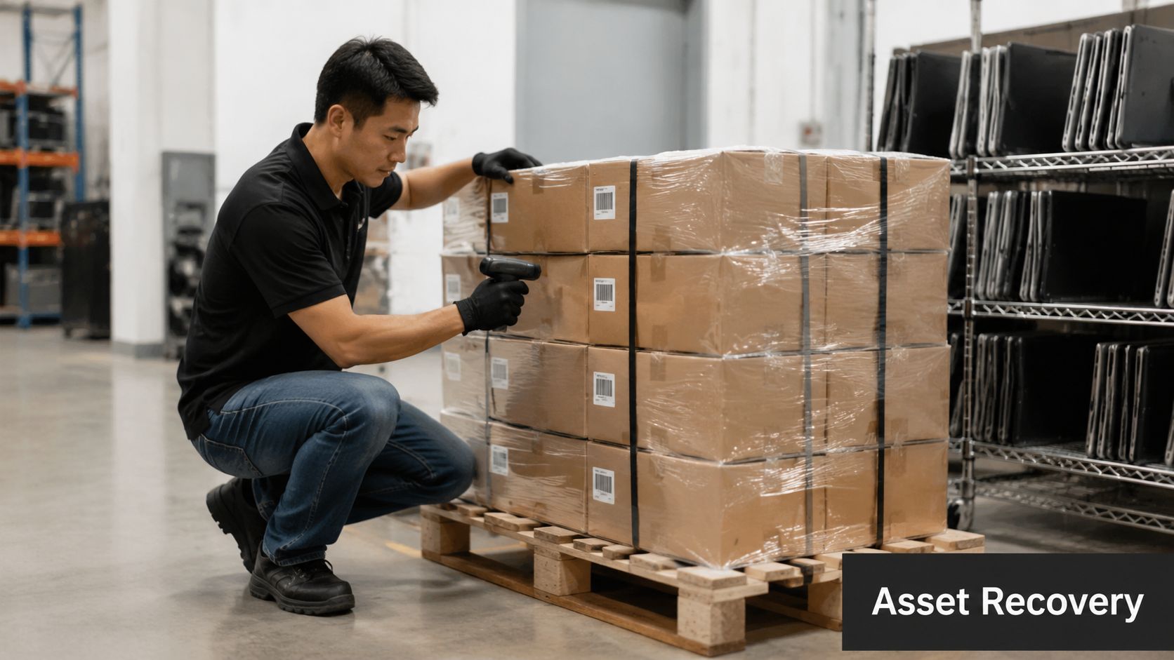 A warehouse worker in black uniform scanning cardboard boxes on a pallet for inventory management purposes.
