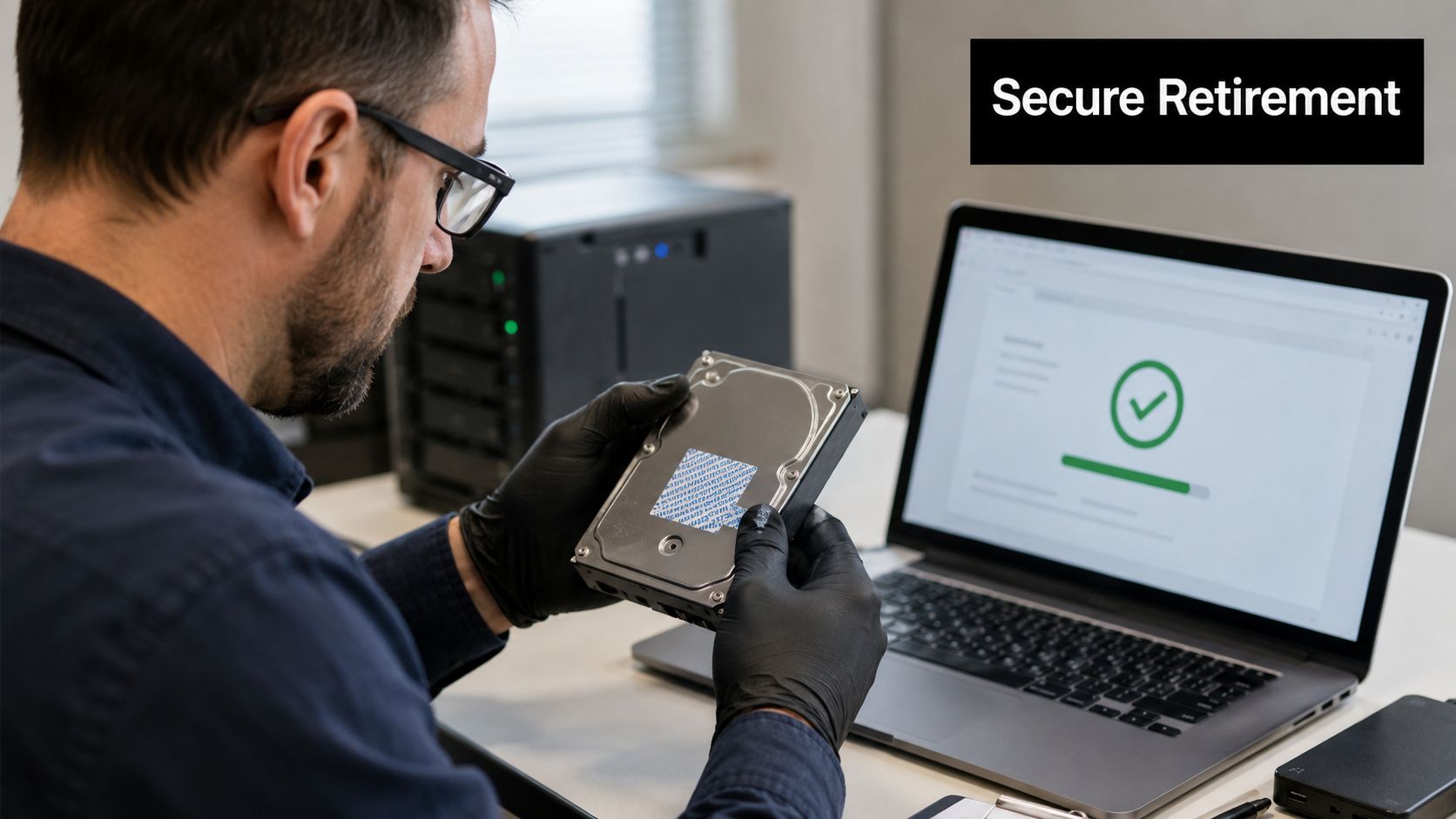 A technician wearing black gloves inspects a hard drive while a laptop screen shows a completed status.