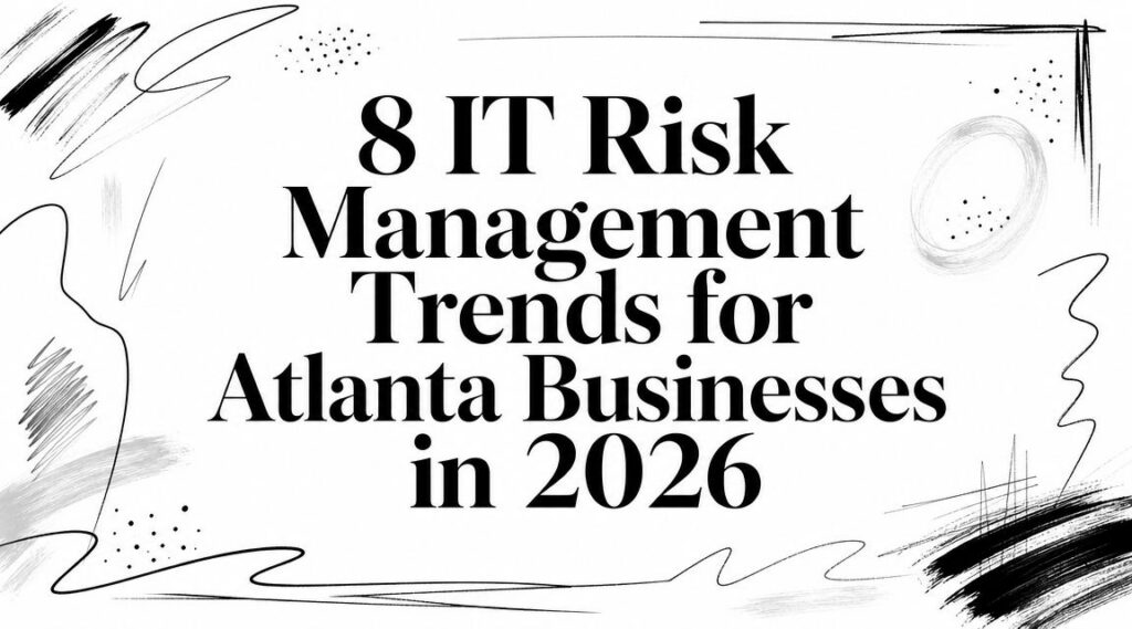 The image displays "8 IT Risk Management Trends for Atlanta Businesses in 2026" with black line art.