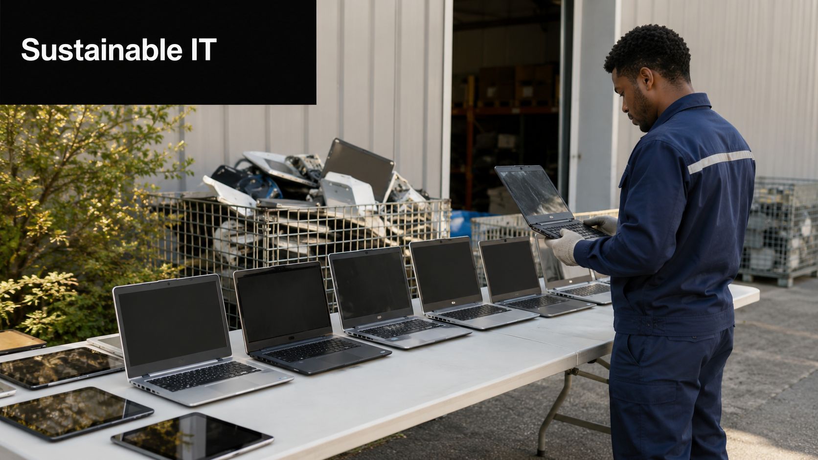 A technician inspecting refurbished laptops in an outdoor warehouse setting focused on sustainable IT practices.