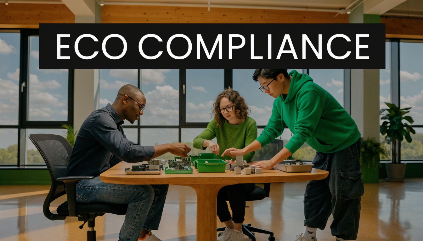 A diverse team of professionals working on electronic waste components in a bright modern office setting.