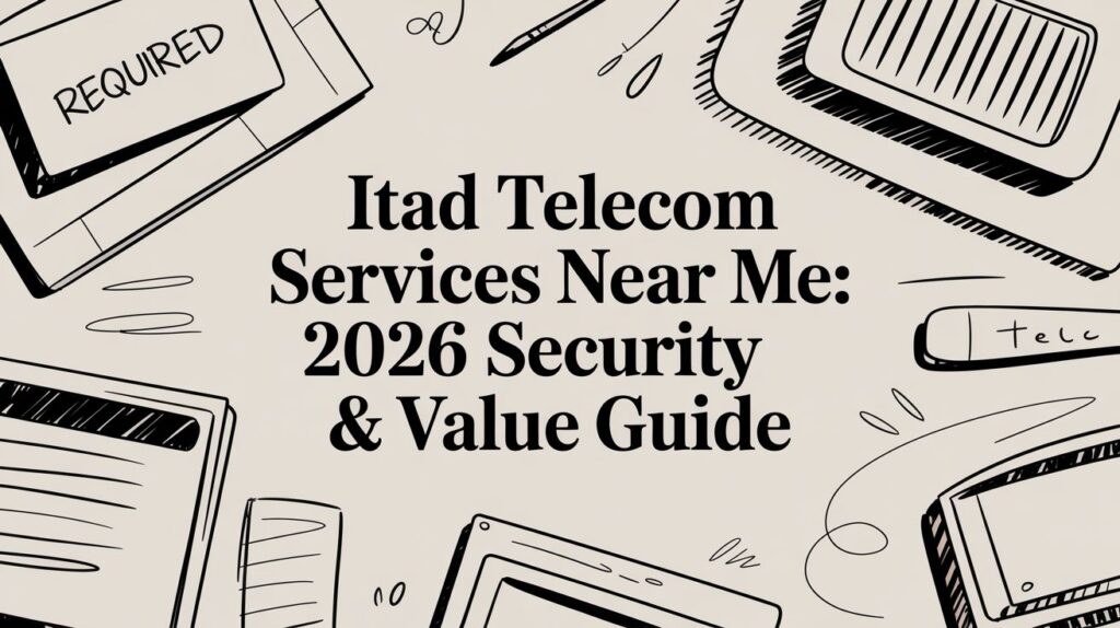 Illustrated graphic with the title "Itad Telecom Services Near Me: 2026 Security & Value Guide" surrounded by drawings of tech devices and office supplies.