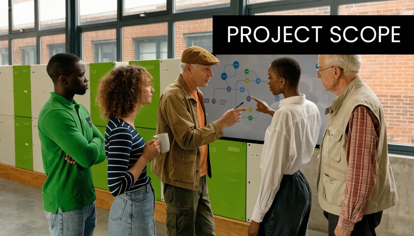 A diverse team of professionals discussing a project scope on a digital screen in an office.