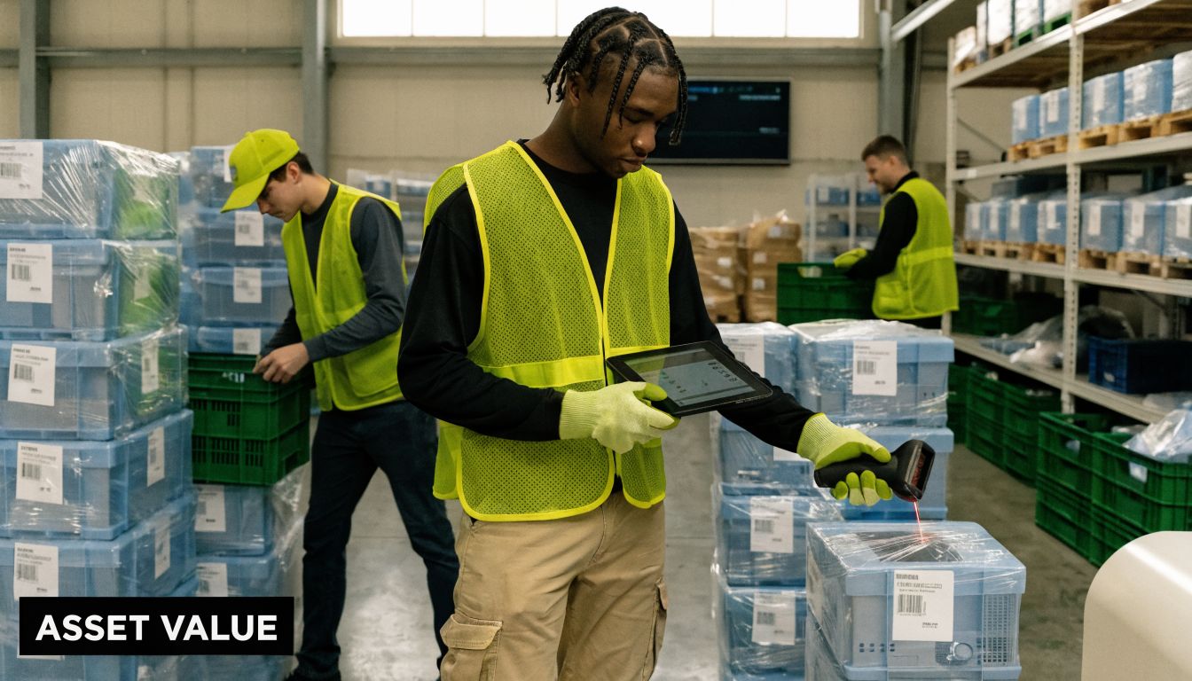 Warehouse employees in high-visibility vests scanning packed items using tablets and barcode scanners in a distribution center.