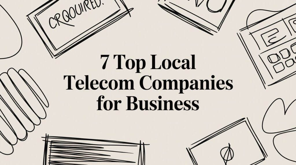 Text on a beige background reads "7 Top Local Telecom Companies for Business," surrounded by black hand-drawn sketches of documents, phones, calculators, and other office items.
