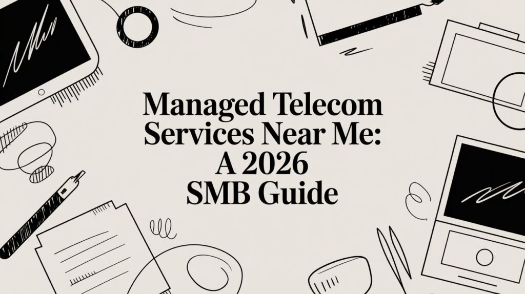 Managed Telecom Services Near Me: A 2026 SMB Guide" displayed in bold text, surrounded by hand-drawn illustrations of office supplies like a tablet, papers, pen, and monitor on a light background.