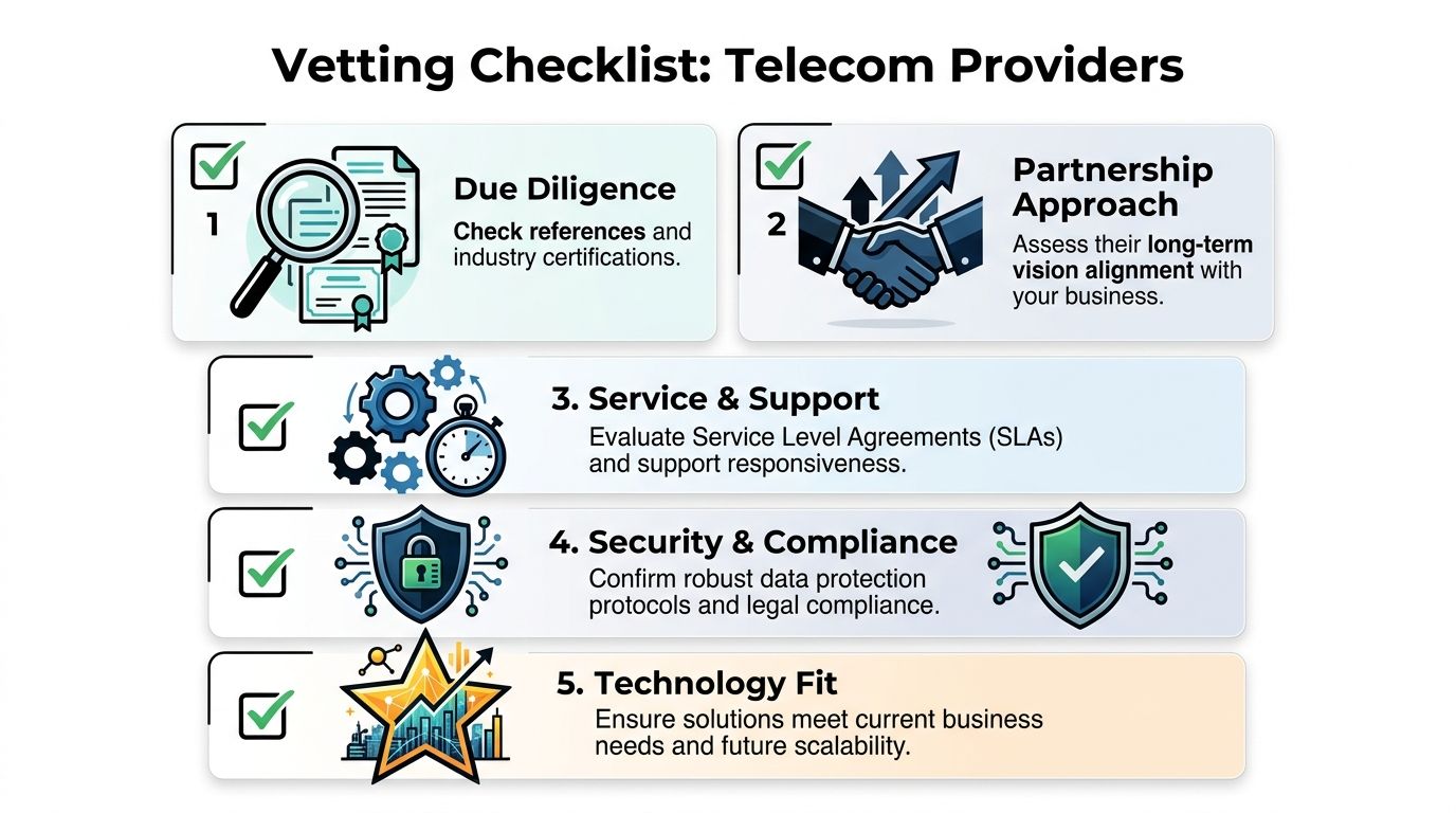 A professional infographic outlining a five-point vetting checklist for selecting reliable telecom service providers for businesses.